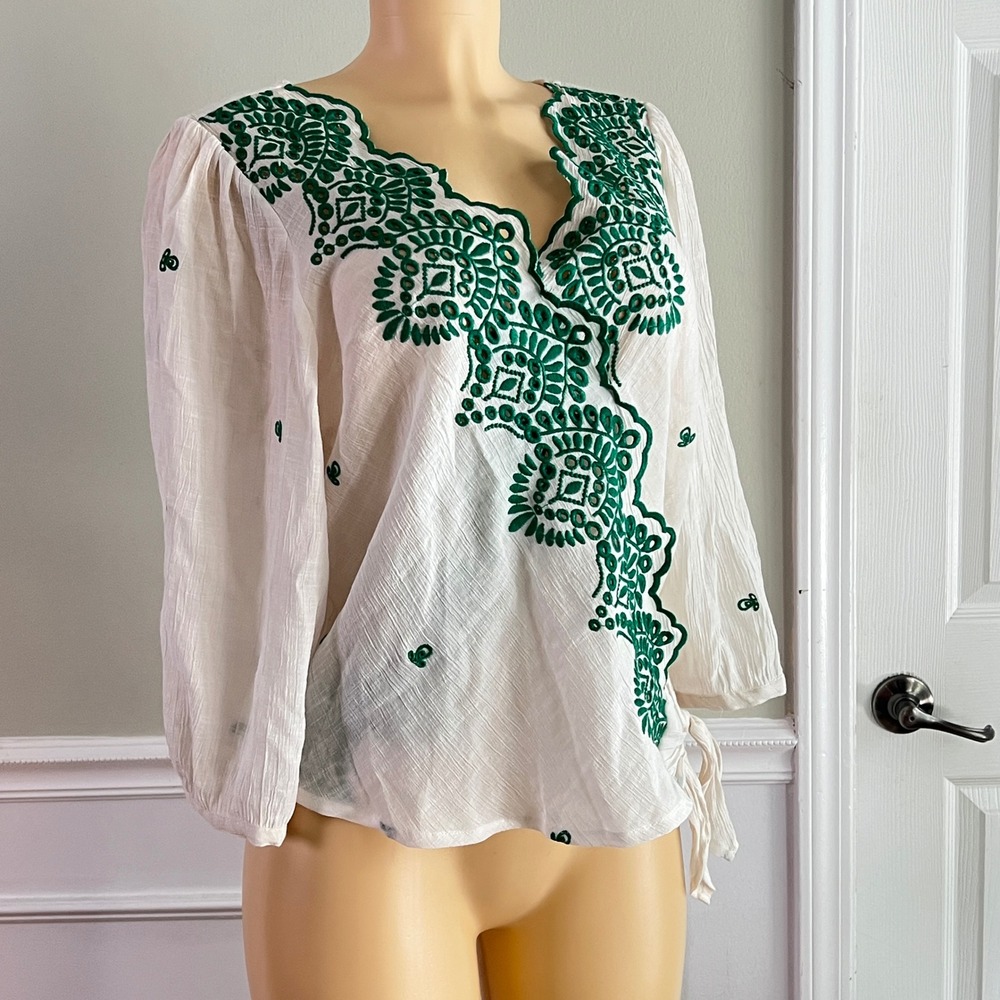 Hope Springs Boho Blouse L Womens Scalloped V-Neck Side Tie White Green - Picture 5 of 11